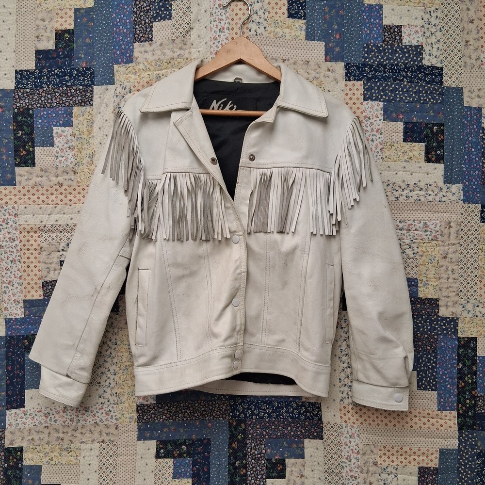 Vintage Niki White Western Leather Fringe Jacket Womens Size Small